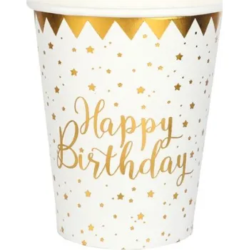 Party dekorace Papírové kelímky bílé se zlatými hvězdami Happy Birthday 270 ml - 10 ks