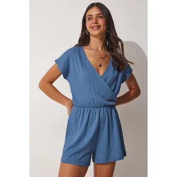 Cizojazyčná kniha Happiness İstanbul Women's Indigo Blue Wrapped Collar Short Knitted Jumpsuit with Shorts Happiness İstanbul modrá 2335847