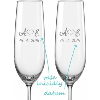 Sklenice Svatební skleničky na sekt Monogramy se srdíčky, 2 ks