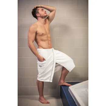 Pánský bílý kilt do sauny s výšivkou: Royal in White – Silver Edition Velikost: S-M Pánský bílý saunový kilt s výšivkou