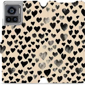 Pouzdro na mobilní telefon Flipové pouzdro Mobiwear - Motorola Edge 30 Ultra - VA51S Černá srdíčka (Knížkové flip pouzdro, obal, kryt na mobil Motorola Edge 30 Ultra - VA51S Černá srdíčka, materiál Umělá kůže + TPU - ochrana 360°, stojánek, silikonová vanička, magnetické zavírání)