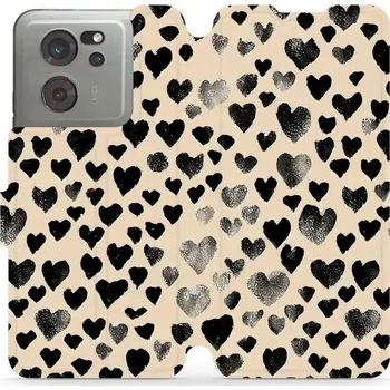 Pouzdro na mobilní telefon Flipové pouzdro Mobiwear - Xiaomi 13T / 13T Pro - VA51S Černá srdíčka (Knížkové flip pouzdro, obal, kryt na mobil Xiaomi 13T / 13T Pro - VA51S Černá srdíčka, materiál Umělá kůže + TPU - ochrana 360°, stojánek, silikonová vanička, magnetické zavírání)