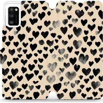 Pouzdro na mobilní telefon Flipové pouzdro Mobiwear - Samsung Galaxy A41 - VA51S Černá srdíčka (Knížkové flip pouzdro, obal, kryt na mobil Samsung Galaxy A41 - VA51S Černá srdíčka, materiál Umělá kůže + TPU - ochrana 360°, stojánek, silikonová vanička, magnetické zavírání)