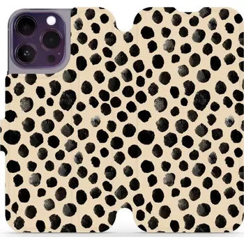 Pouzdro na mobilní telefon Flipové pouzdro Mobiwear - Apple iPhone 14 Pro Max - VA50S Černé puntíky (Knížkové flip pouzdro, obal, kryt na mobil Apple iPhone 14 Pro Max - VA50S Černé puntíky, materiál Umělá kůže + TPU - ochrana 360°, stojánek, silikonová vanička, magnetické zavírání