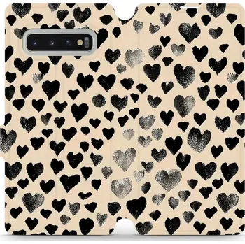 Pouzdro na mobilní telefon Flipové pouzdro Mobiwear - Samsung Galaxy S10 Plus - VA51S Černá srdíčka (Knížkové flip pouzdro, obal, kryt na mobil Samsung Galaxy S10 Plus - VA51S Černá srdíčka, materiál Umělá kůže + TPU - ochrana 360°, stojánek, silikonová vanička, magnetické zavírání