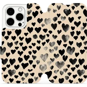Pouzdro na mobilní telefon Flipové pouzdro Mobiwear - Apple iPhone 15 Pro - VA51S Černá srdíčka (Knížkové flip pouzdro, obal, kryt na mobil Apple iPhone 15 Pro - VA51S Černá srdíčka, materiál Umělá kůže + TPU - ochrana 360°, stojánek, silikonová vanička, magnetické zavírání)