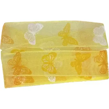 Stuha Stuha taftová SPRING BUTTERFLY žlutá 25mm x 2m (7,50 Kč/m) (Skládaná taftová stuha, průsvitná, oboustranná, s vetkaným vlascem v lemu )