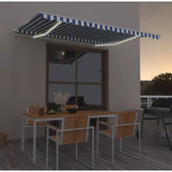 Markýza vidaXL Ručně zatahovací markýza s LED 450 x 350 cm [3068901] Barva: Modro-bílá