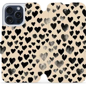 Pouzdro na mobilní telefon Flipové pouzdro Mobiwear - Apple iPhone 15 Pro Max - VA51S Černá srdíčka (Knížkové flip pouzdro, obal, kryt na mobil Apple iPhone 15 Pro Max - VA51S Černá srdíčka, materiál Umělá kůže + TPU - ochrana 360°, stojánek, silikonová vanička, magnetické zavírání