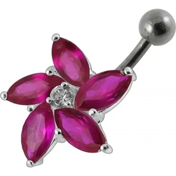 Piercing Šperky4U Stříbrný piercing do pupíku - kytička, tmavě růžové zirkony - BP01159-F
