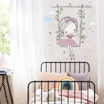 Samolepící dekorace INSPIO Dětské samolepky na zeď - Fialová víla na houpačce, velikost 90 x 110 cm, 9144f