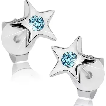 Náušnice Stříbrné 925 náušnice, lesklá pěticípá hvězdička, světle modrý krystalek