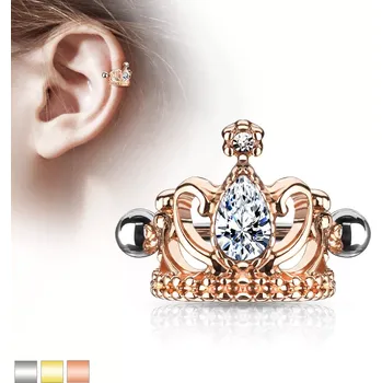 Piercing Ocelový piercing do ucha - královská koruna se slzičkou, lesklá činka s kuličkami - Barva: Měděná