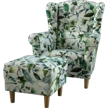 Křeslo Křeslo ušák s taburetem Astrid látka Listie