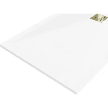 Sprchová vanička Mexen Stone+ obdélníková kompozitová vanička 140x90 cm, bílá, zlatý kryt 44109014-G