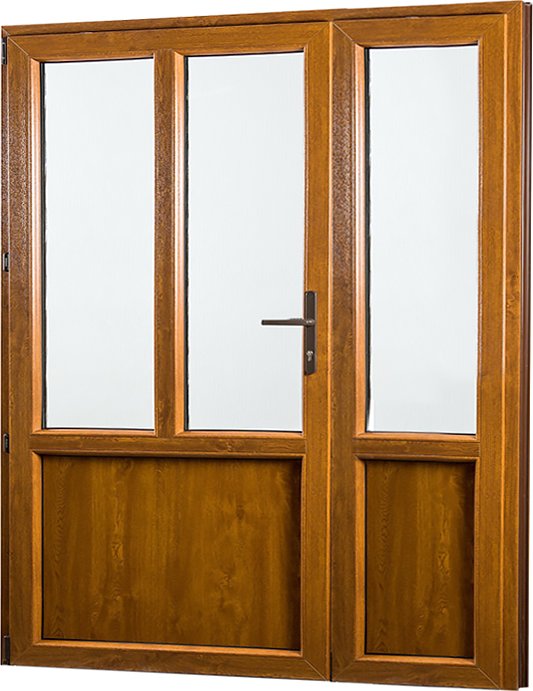 SKLADOVÁ-OKNA.cz Vedlejší vchodové dveře dvoukřídlé, levé, REHAU Smartline+ - 1580 x 2080 mm Bílá dovnitř / Zlatý dub ven