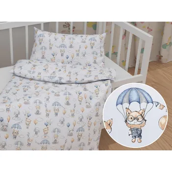 Povlečení Dětské bavlněné povlečení do postýlky Sandra SA-469 Zvířátka s padáky na světle modrém Do postýlky 90x130 a 40x60 cm