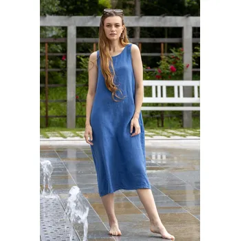 Dámské šaty H&D HOME DESIGN H&D dámské volné lněné šaty modré Velikost: 38