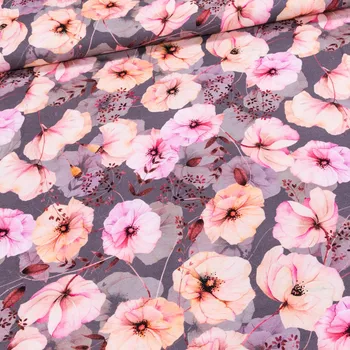 Viskózový úplet 403143/01, žluté a růžové vlčí máky na šedé, š.145cm (látka v metráži)