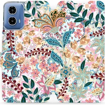 Pouzdro na mobilní telefon Flipové pouzdro Mobiwear - Motorola Moto G34 5G - MX04S Spletité kvítky a listy (Knížkové flip pouzdro, obal, kryt na mobil Motorola Moto G34 5G - MX04S Spletité kvítky a listy, materiál Umělá kůže + TPU - ochrana 360°, stojánek, silikonová vanička,)