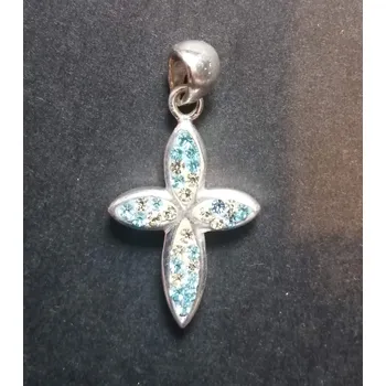 Přívěsek Křížek zdobený světle modrými a bílými zirkony - přívěsek ze stříbra