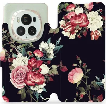 Pouzdro na mobilní telefon Flipové pouzdro Mobiwear - Honor Magic6 Pro - VD11P Růže na černé (Knížkové flip pouzdro, obal, kryt na mobil Honor Magic6 Pro - VD11P Růže na černé, materiál Umělá kůže + TPU - ochrana 360°, stojánek, silikonová vanička, magnetické zavírání)