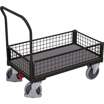 Plošinový vozík Variofit Plošinový vozík s madlem, nízké mřížové bočnice, Variofit, ložná plocha 86 x 45 cm, do 400 kg, modrá/antracit Barva: antracit RAL7016