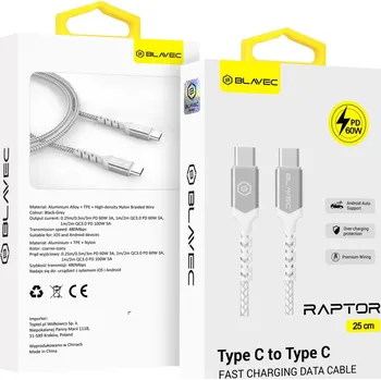 Datový kabel Blavec Raptor Braided - typ C na typ C - PD 60W 3A 0,25m (CRA-CC3WS025) bílo-stříbrný