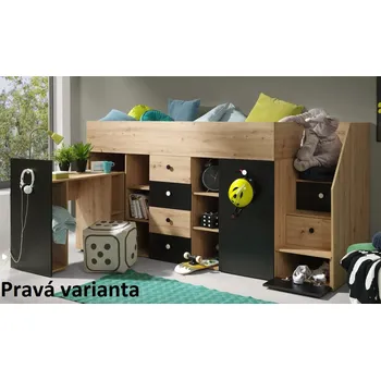 Dětská postel Multifunkční patrová postel pro 1 – Smart 3 Varianta: Pravá, Barevné provedení: Dub/černá + bílé úchyty