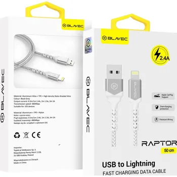 Datový kabel Blavec Raptor Braided - USB na Lightning - 2,4A 0,5m (CRA-UL24WS05) bílo-stříbrný