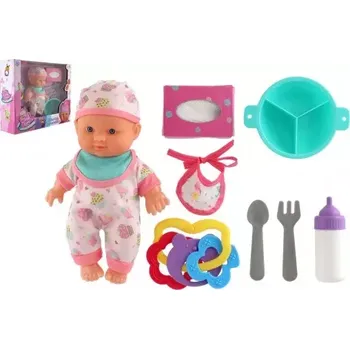Panenka Teddies Panenka miminko 22cm pevné tělo plast s doplňky v krabici 30x24x8cm