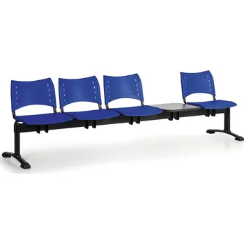 Plastová lavice do čekáren VISIO, 4-sedák, se stolkem, modrá, černé nohy