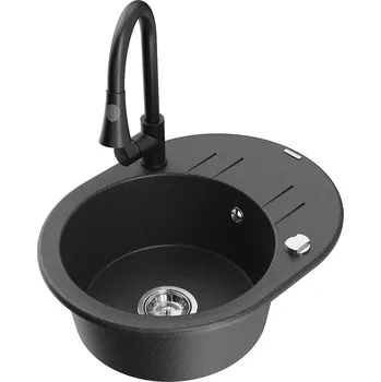 Granitový dřez MEXEN/S - Kevin granitový dřez 1-miska s odkapávačem včetně baterie Elia, černá kropenatá 6517-76-670101-70