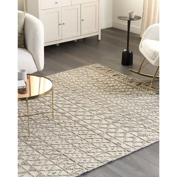 Koberec Koberec béžový vlna a polyester 160 x 230 cm geometrický vzor střapce boho moderní Beliani