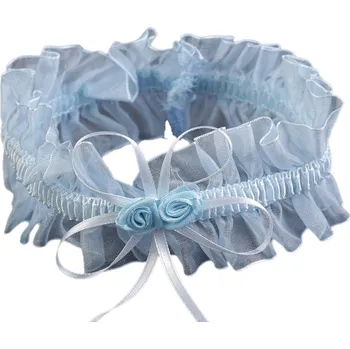 Podvazkový pás Svatební podvazek, modrá krajka s modrou mašličkou a květinami 9001164