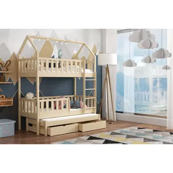 Dětsný nábytek Patrová postel DOMEK 01 OT s přistýlkou 80x190 cm s úložným prostorem borovice masiv - více odstínů