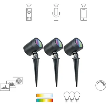 Lampička tint Müller Licht LED venkovní reflektor tónovaný Flores, sada 3 ks - Výška zemního hrotu 6,5 cm; Ø reflektoru 5,1 cm; délka přívodního kabelu 900 cm; délka propojovacího kabelu na světlo 70 cm černá 3 x 4,5 W LED - Doprava zdarma