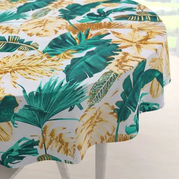 ubrus Bavlněný kulatý ubrus Sandra SA-245 Zelené a zlaté tropické listy Ø 130 cm