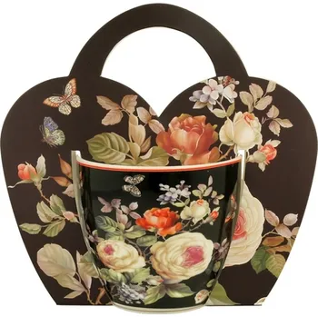 DUO Gifts DG - Porcelánový hrníček WARDA, Růže na černém podkladu v dárkovém přebalu- 460 ml