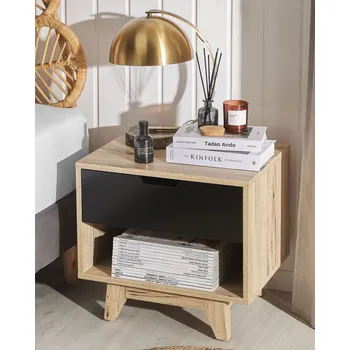 Noční stolek Noční stolek světlé dřevo s černou MDF 46x50 cm 1 zásuvka ořevřená police ložnicový nábytek moderní skandinávský styl Beliani