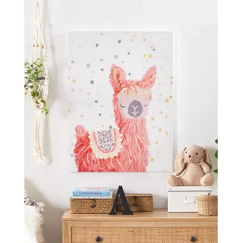 Obraz Obraz na plátně růžový polyester 60 x 80 cm lama umělecký tisk na stěnu dětský pokoj Beliani