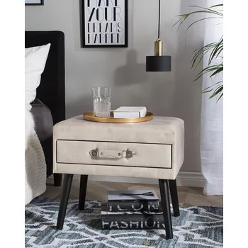 Noční stolek Noční stolek ve tvaru kufru, béžový, čalouněný ekokůže, 1 zásuvka 46 x 50 x 35 cm, moderní design Beliani