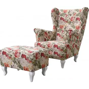 Křeslo křeslo ušák Royal s taburetem, béžová květy (vzor MIL16870/bílé)