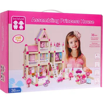 Dřevěná hračka Dřevěný stavební set pro děti 3+ Růžový MEGA domeček 268 ks