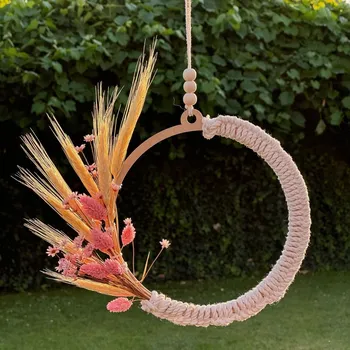 Nástěnná dekorace v kruhu - růžové květy s obilím