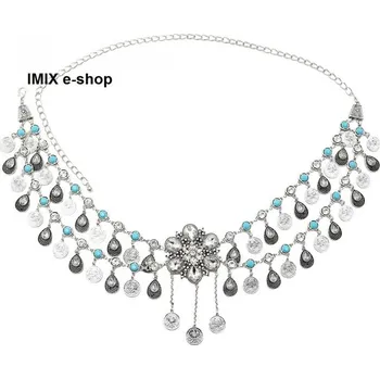 Podvazkový pás Kovový penízkový pás se zirkony a tyrkysovými kameny Stříbrná