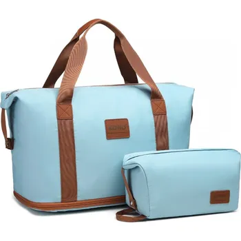 KONO set variabilní cestovní taška a kosmetická taštička - světlo modrá/hnědá - 26L