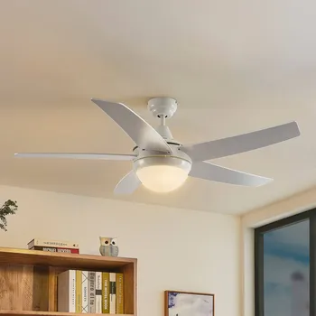 Lampička Stropní ventilátor Lindby s osvětlením Auraya, tichý, bílý, 130 cm - Ø stropního držáku 13 cm bílá, dubová 2 x 8 W LED - Doprava zdarma