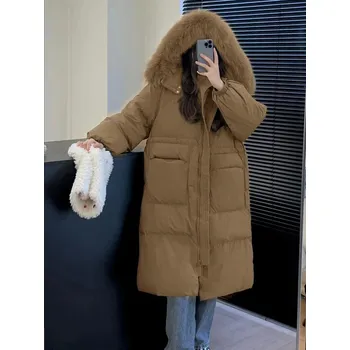 Dámská parka Dlouhá péřovka zimní bunda s kožíškem Barva: Kávová, Velikost: ONE SIZE