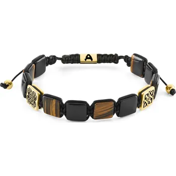 Náramek Elysian | Plochý náramek zlaté barvy s&nbsp;korálky z&nbsp;onyxu a tygřího oka - Arkai